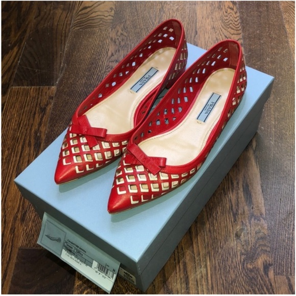 Prada Flats, Red and White - Picture 1 of 6
